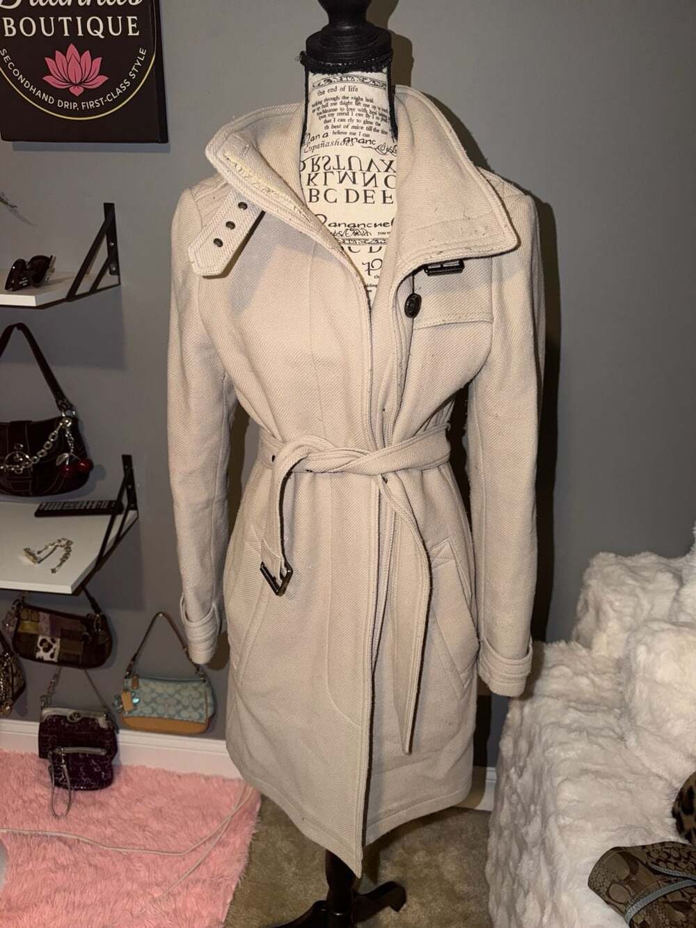 Burberry Brit Womens Beige Wool Cashmere Blend Belted Trench Coat Size 4